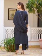 Sequined & Zari Embroidered Kurta With Pant & Dupatta, Navy Blue - Hiral Fashion - Distacart