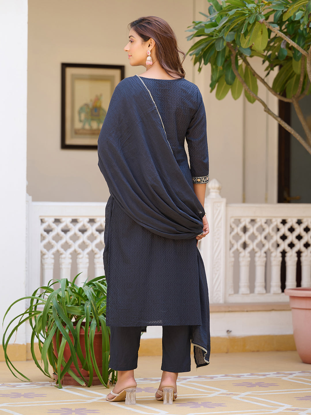 Sequined & Zari Embroidered Kurta With Pant & Dupatta, Navy Blue - Hiral Fashion - Distacart