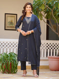 Sequined & Zari Embroidered Kurta With Pant & Dupatta, Navy Blue - Hiral Fashion - Distacart