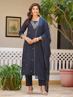 Sequined & Zari Embroidered Kurta With Pant & Dupatta, Navy Blue - Hiral Fashion - Distacart