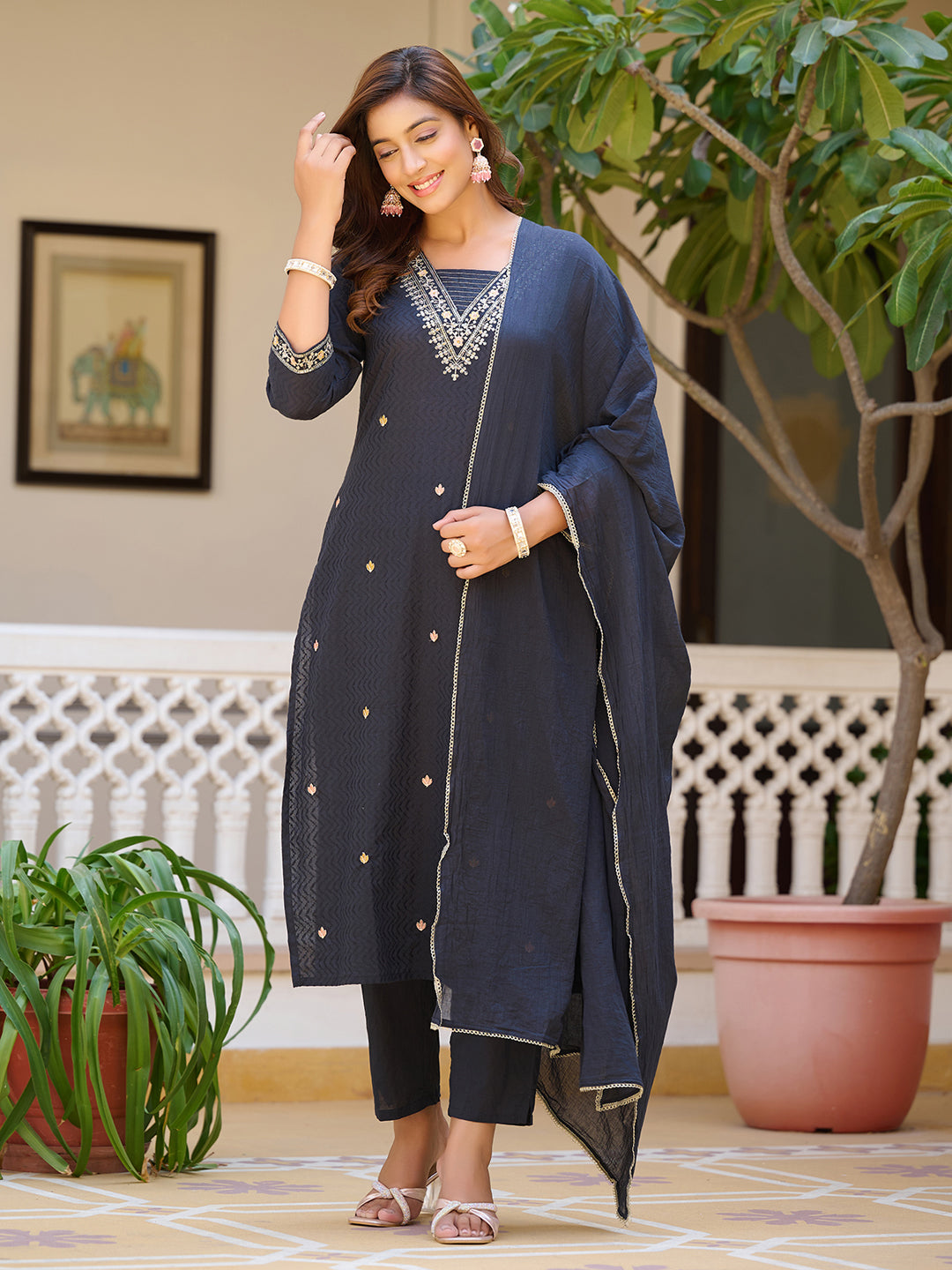 Sequined & Zari Embroidered Kurta With Pant & Dupatta, Navy Blue - Hiral Fashion - Distacart
