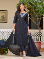 Sequined & Zari Embroidered Kurta With Pant & Dupatta, Navy Blue - Hiral Fashion - Distacart