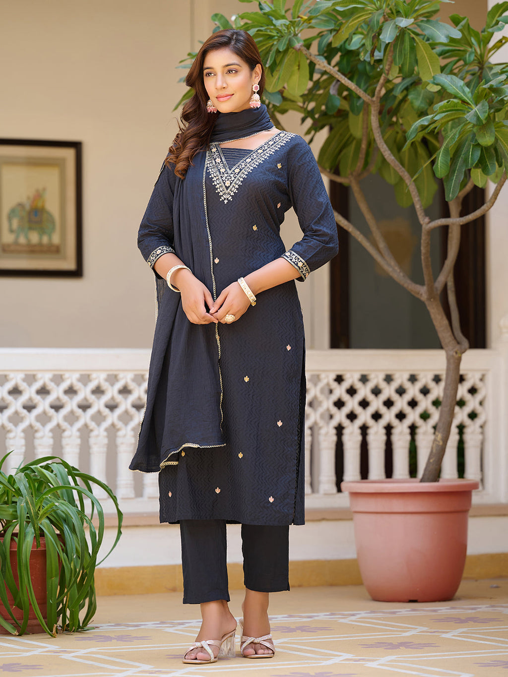 Sequined & Zari Embroidered Kurta With Pant & Dupatta, Navy Blue - Hiral Fashion - Distacart
