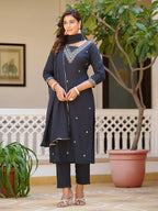 Sequined & Zari Embroidered Kurta With Pant & Dupatta, Navy Blue - Hiral Fashion - Distacart