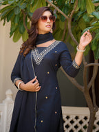 Sequined & Zari Embroidered Kurta With Pant & Dupatta, Navy Blue - Hiral Fashion - Distacart
