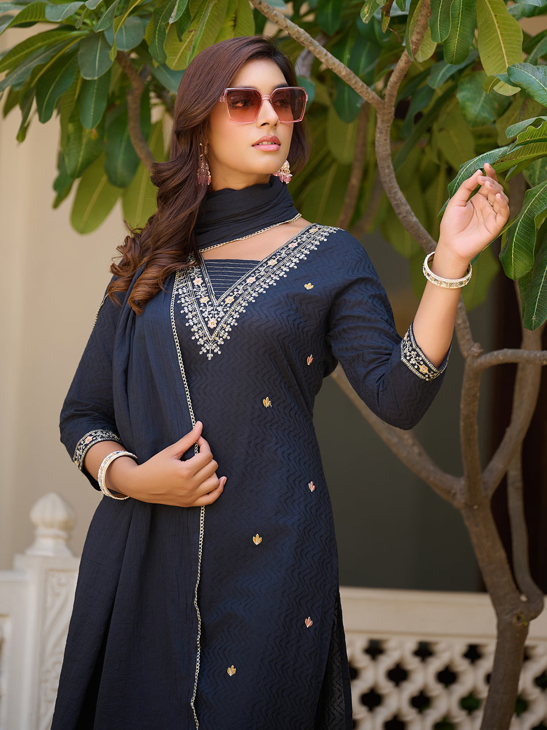 Sequined & Zari Embroidered Kurta With Pant & Dupatta, Navy Blue - Hiral Fashion - Distacart