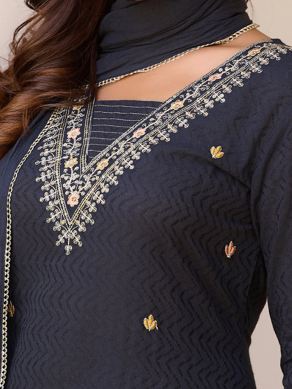 Sequined & Zari Embroidered Kurta With Pant & Dupatta, Navy Blue - Hiral Fashion - Distacart