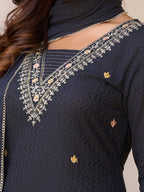 Sequined & Zari Embroidered Kurta With Pant & Dupatta, Navy Blue - Hiral Fashion - Distacart