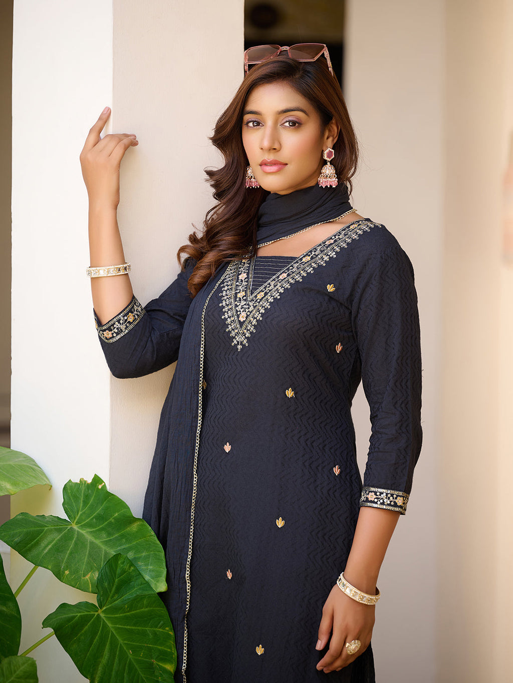 Sequined & Zari Embroidered Kurta With Pant & Dupatta, Navy Blue - Hiral Fashion - Distacart