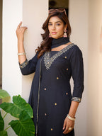 Sequined & Zari Embroidered Kurta With Pant & Dupatta, Navy Blue - Hiral Fashion - Distacart