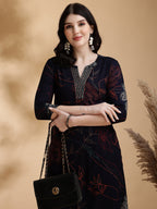 Floral Printed Kurta Pallazo Set, Navy Blue - Hiral Fashion - Distacart