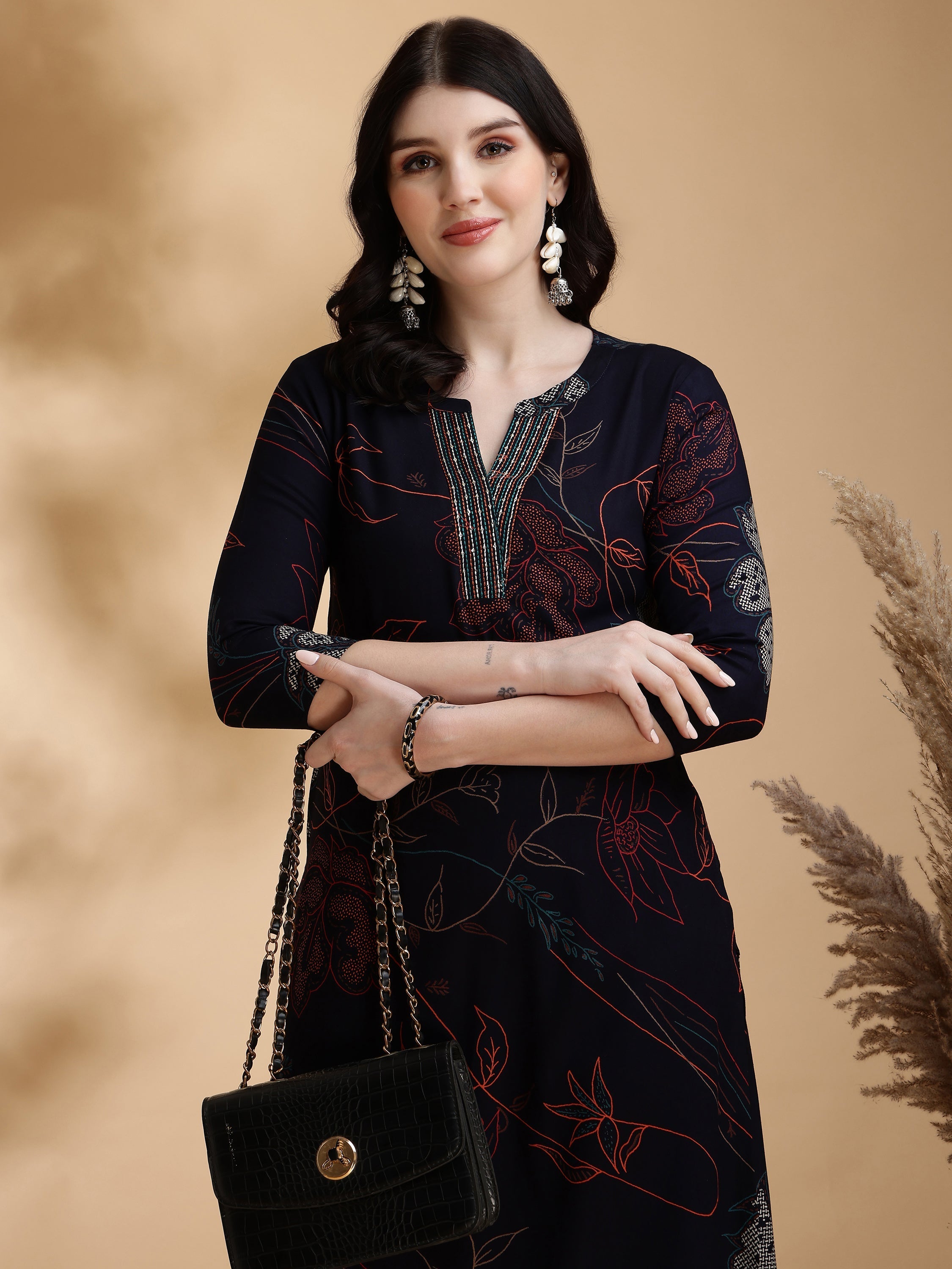 Floral Printed Kurta Pallazo Set, Navy Blue - Hiral Fashion - Distacart