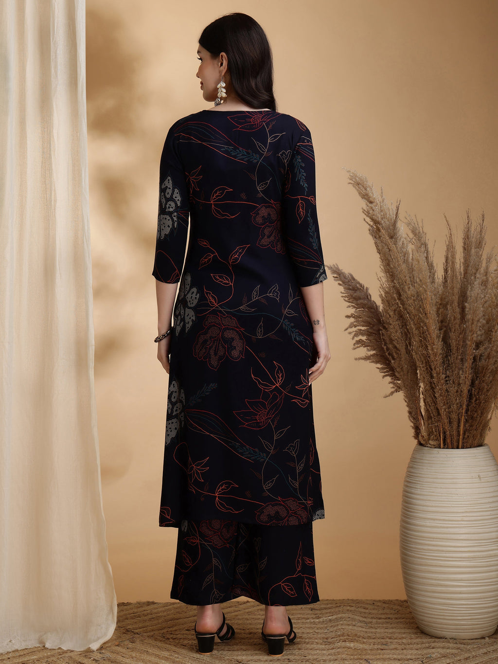 Floral Printed Kurta Pallazo Set, Navy Blue - Hiral Fashion - Distacart