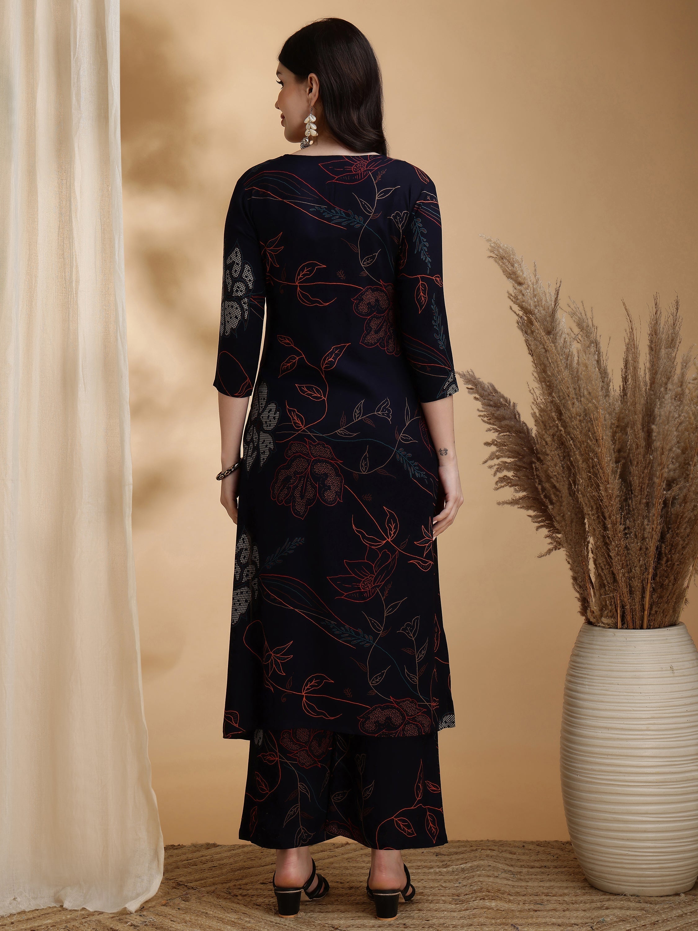 Floral Printed Kurta Pallazo Set, Navy Blue - Hiral Fashion - Distacart