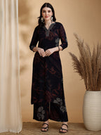 Floral Printed Kurta Pallazo Set, Navy Blue - Hiral Fashion - Distacart