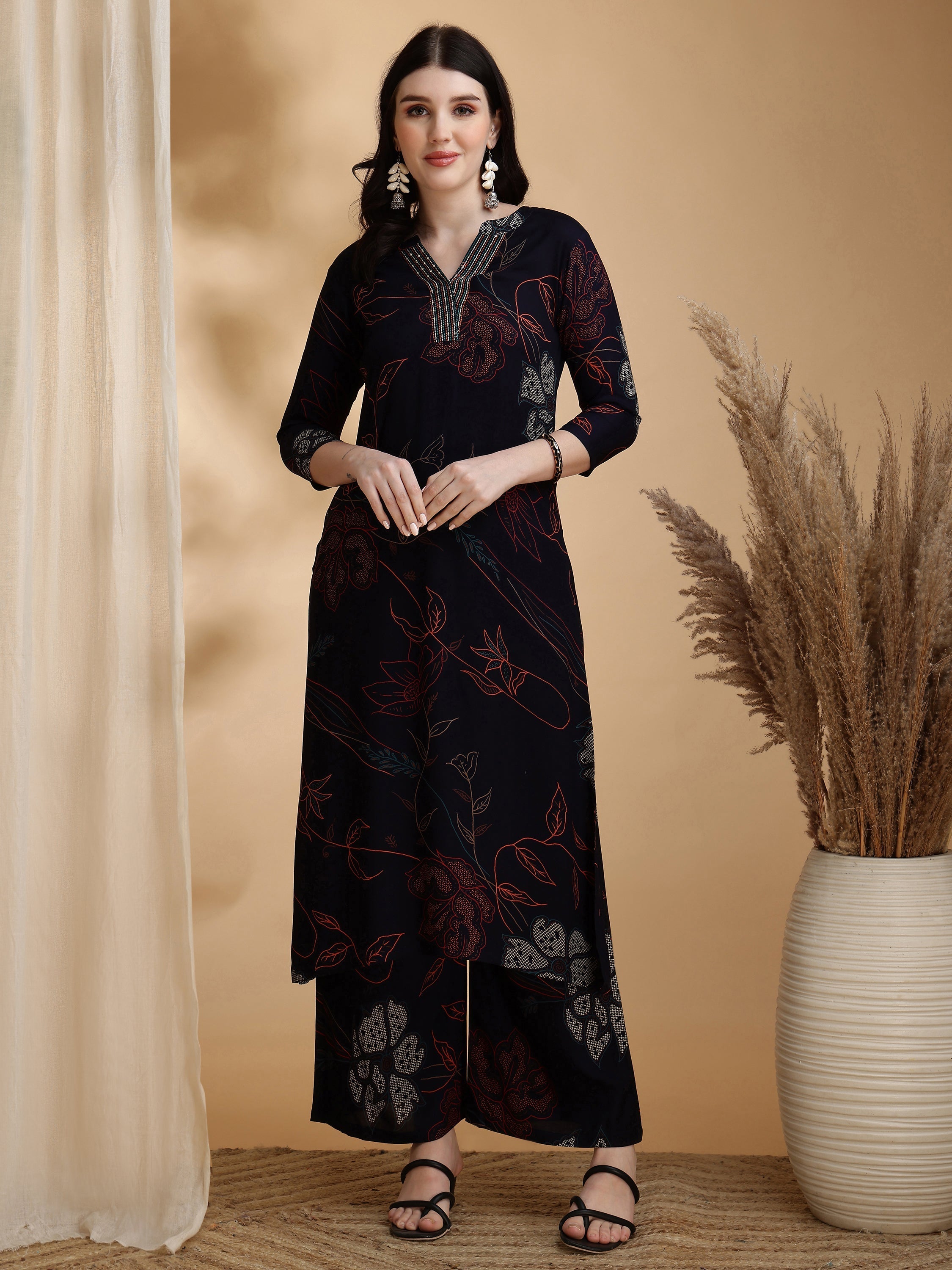Floral Printed Kurta Pallazo Set, Navy Blue - Hiral Fashion - Distacart