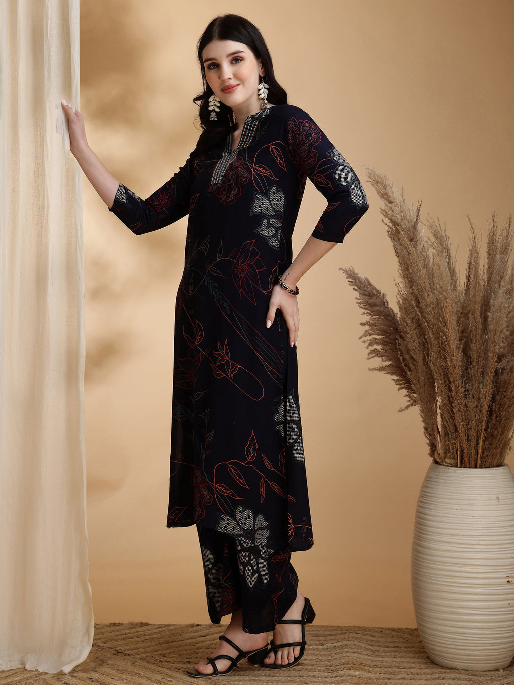 Floral Printed Kurta Pallazo Set, Navy Blue - Hiral Fashion - Distacart