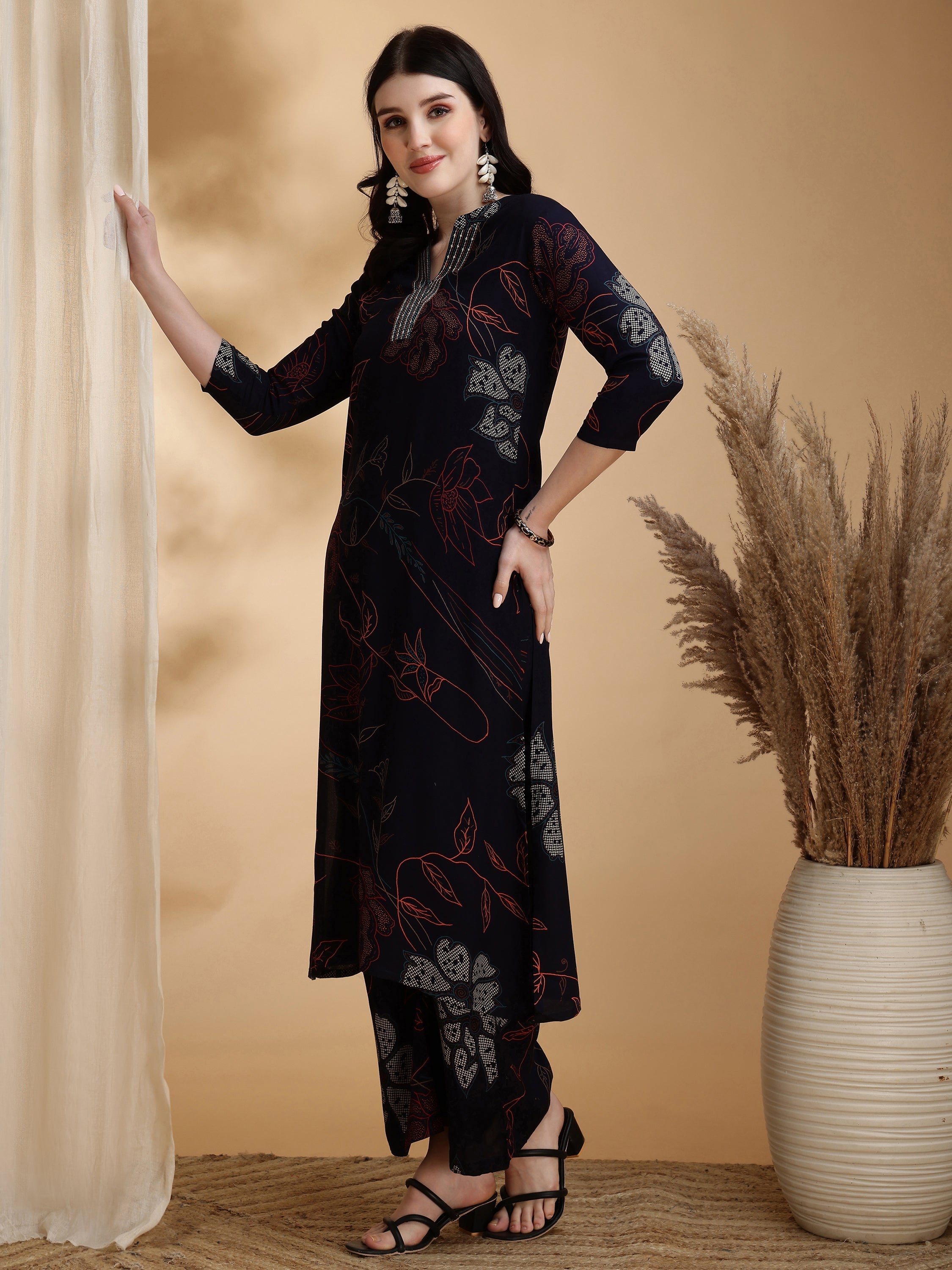 Floral Printed Kurta Pallazo Set, Navy Blue - Hiral Fashion - Distacart