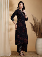 Floral Printed Kurta Pallazo Set, Navy Blue - Hiral Fashion - Distacart