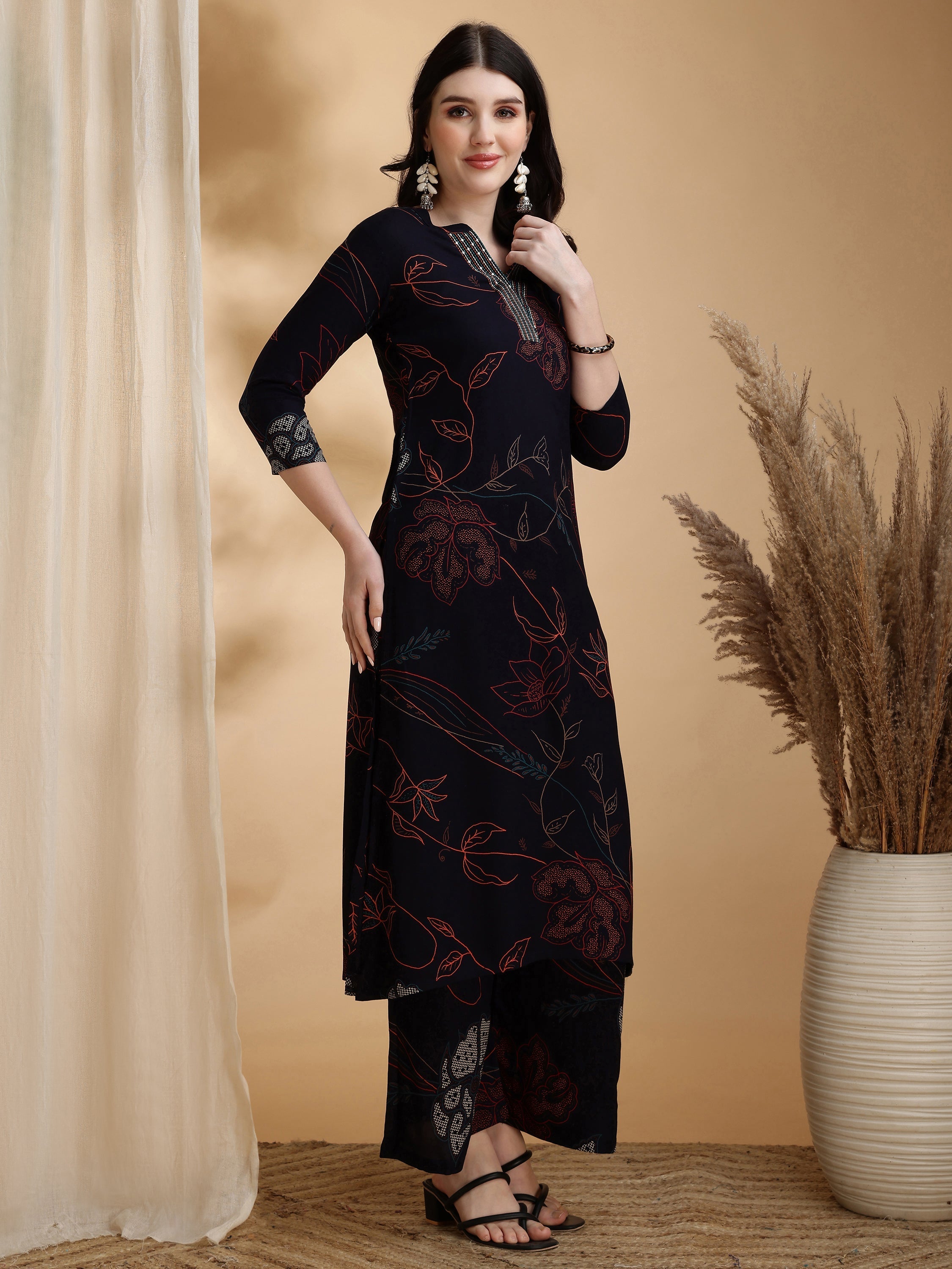 Floral Printed Kurta Pallazo Set, Navy Blue - Hiral Fashion - Distacart