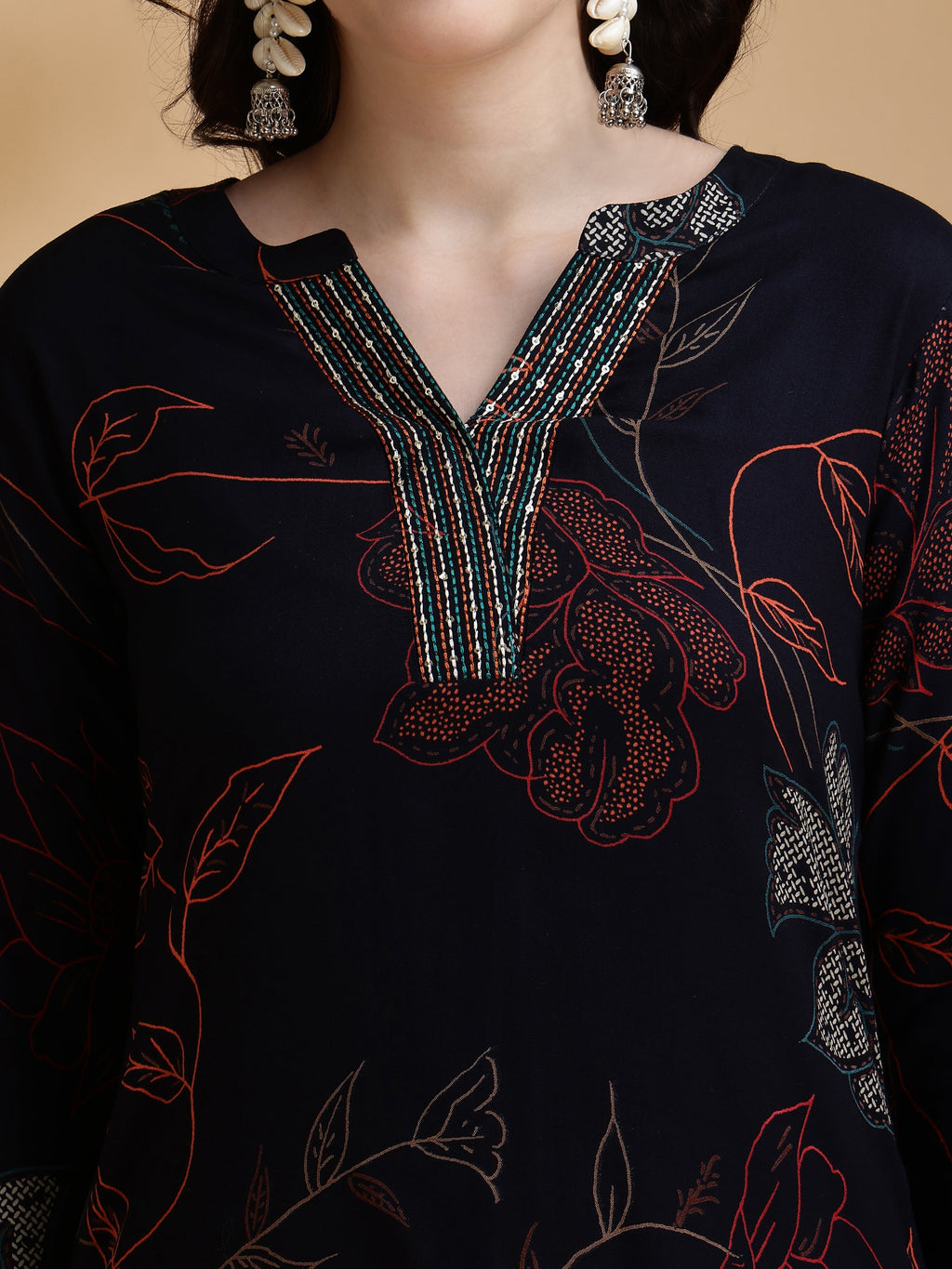 Floral Printed Kurta Pallazo Set, Navy Blue - Hiral Fashion - Distacart