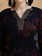 Floral Printed Kurta Pallazo Set, Navy Blue - Hiral Fashion - Distacart