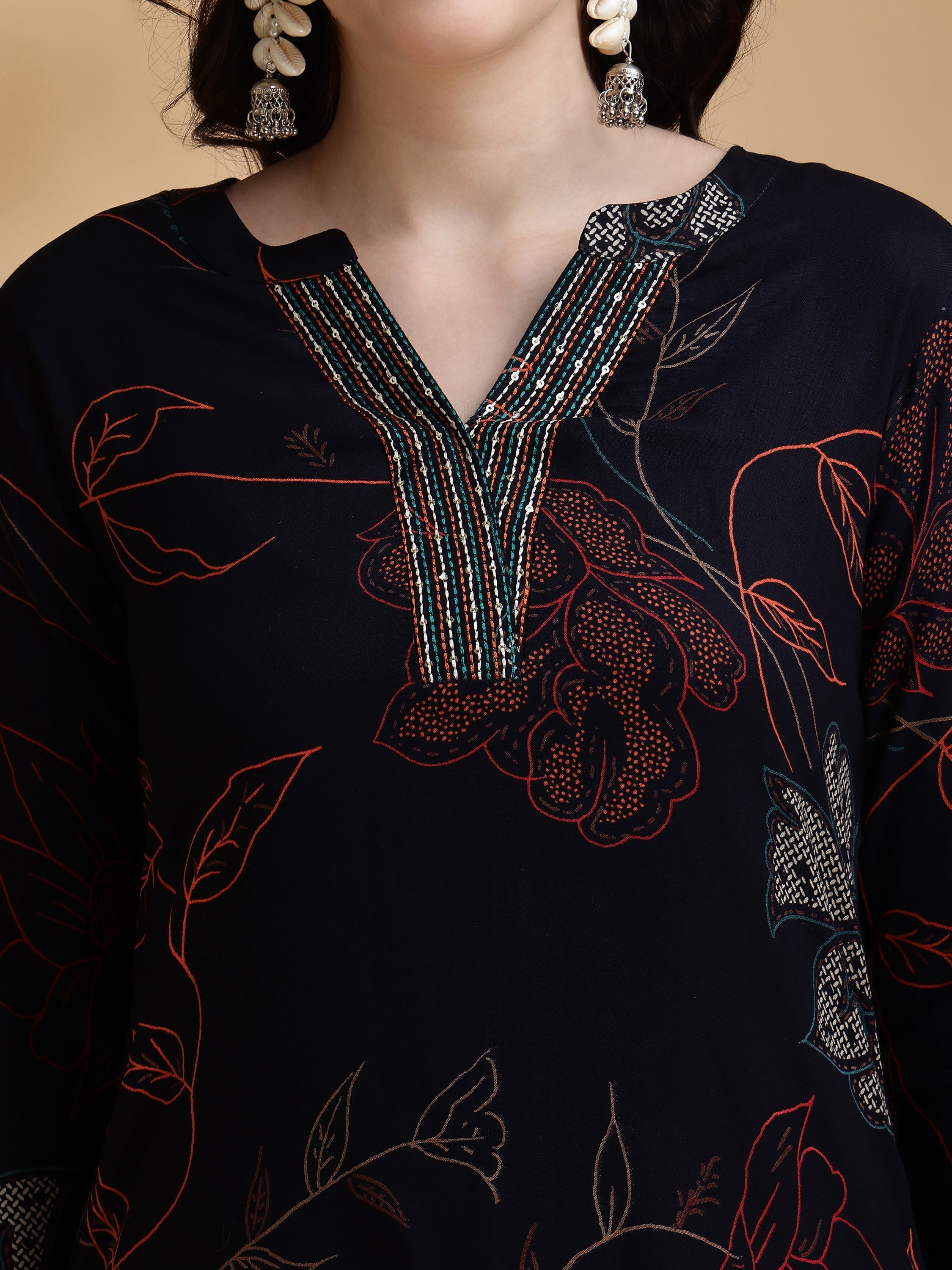 Floral Printed Kurta Pallazo Set, Navy Blue - Hiral Fashion - Distacart