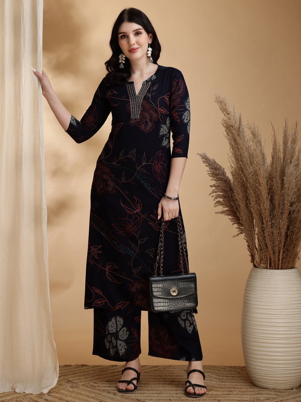 Floral Printed Kurta Pallazo Set, Navy Blue - Hiral Fashion - Distacart
