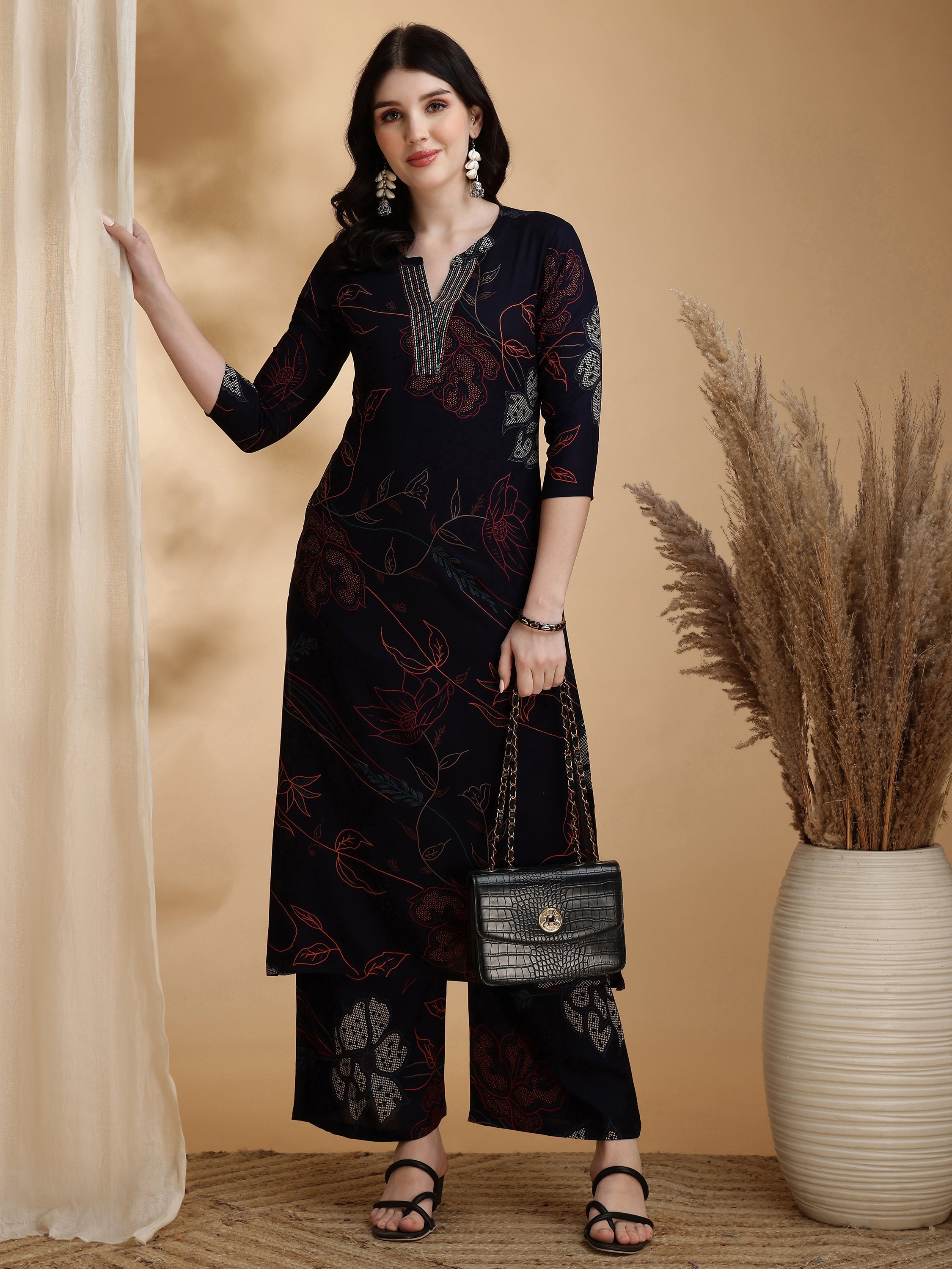 Floral Printed Kurta Pallazo Set, Navy Blue - Hiral Fashion - Distacart