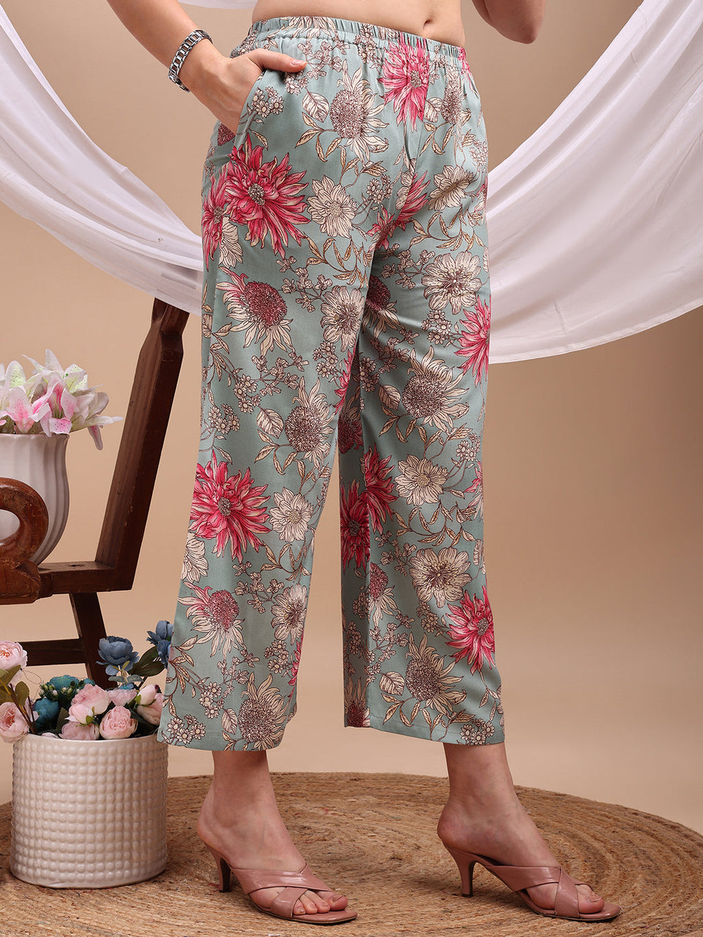 Floral Printed Kurta With Palazzo Pant, Turquoise - Hiral Fashion - Distacart