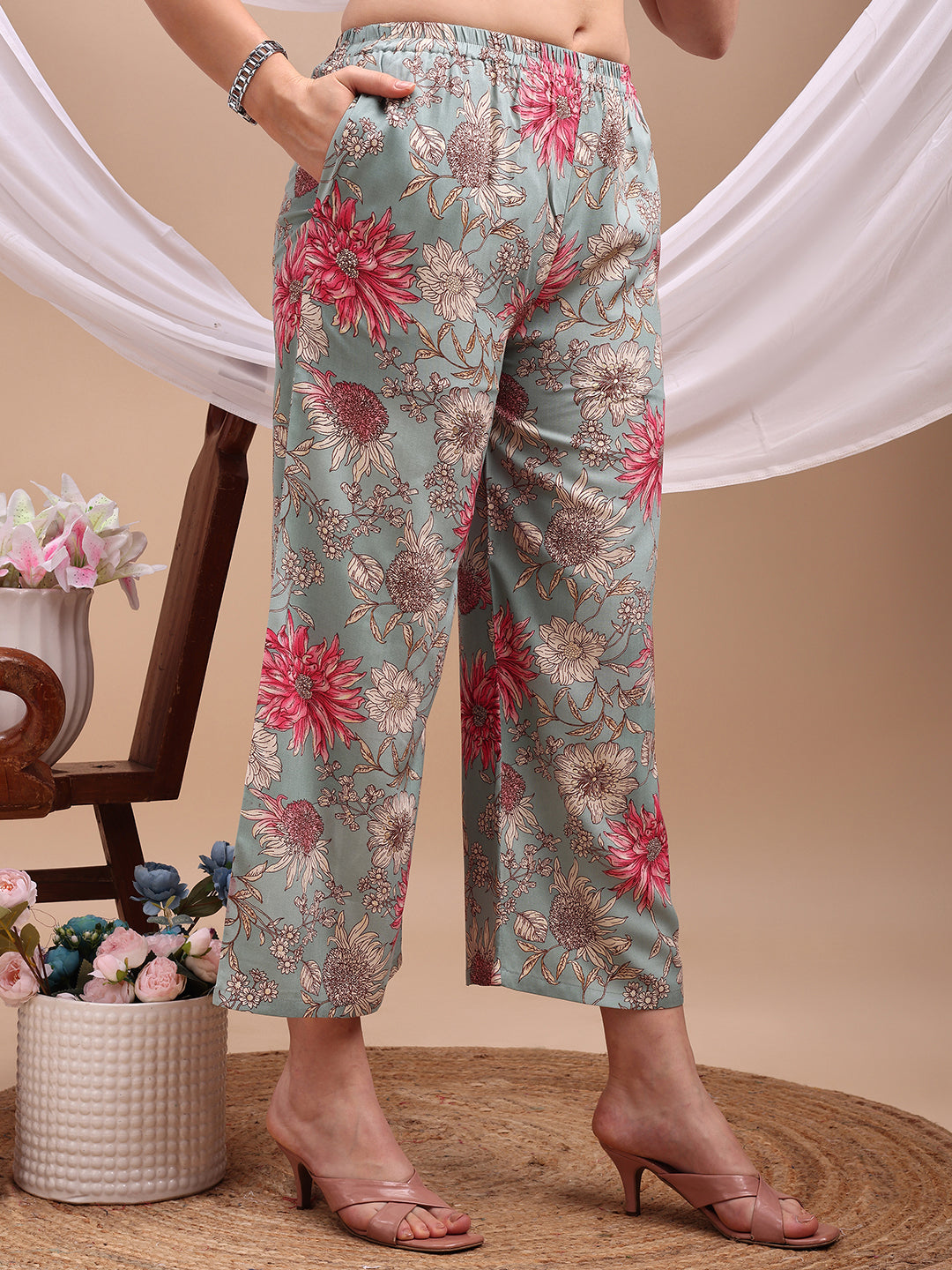 Floral Printed Kurta With Palazzo Pant, Turquoise - Hiral Fashion - Distacart