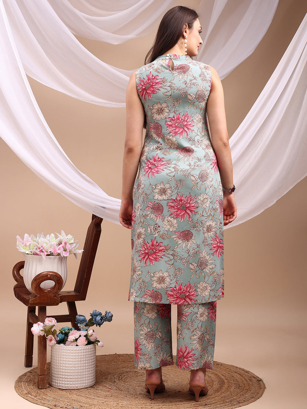 Floral Printed Kurta With Palazzo Pant, Turquoise - Hiral Fashion - Distacart