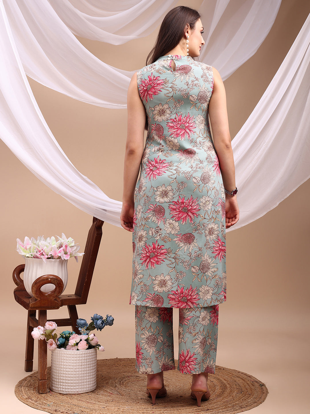 Floral Printed Kurta With Palazzo Pant, Turquoise - Hiral Fashion - Distacart