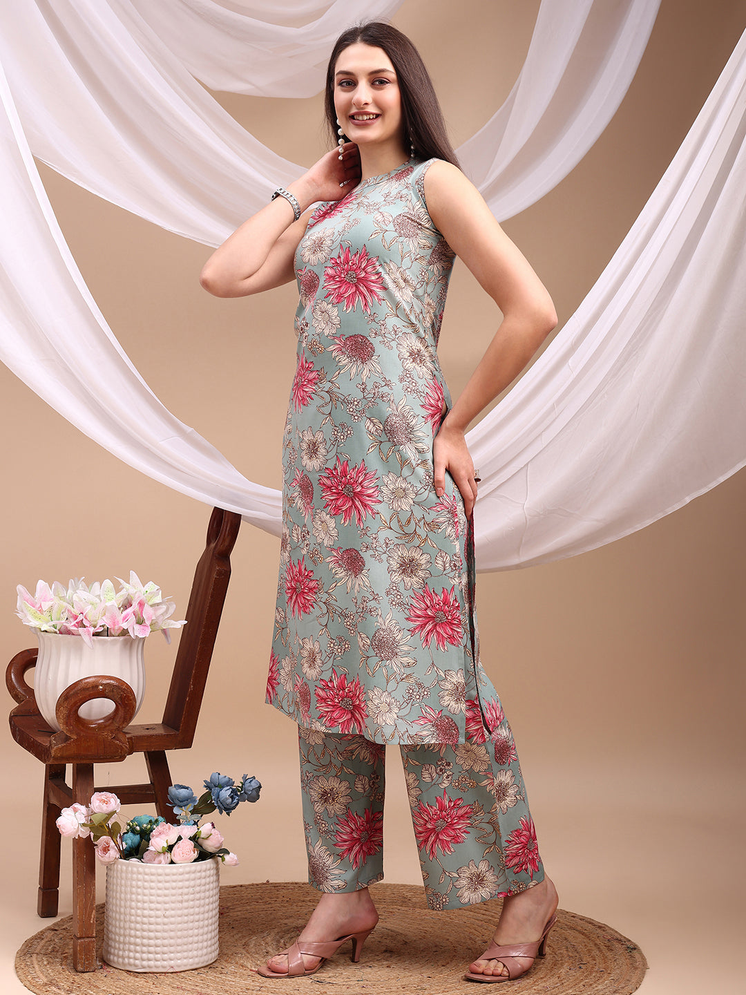 Floral Printed Kurta With Palazzo Pant, Turquoise - Hiral Fashion - Distacart
