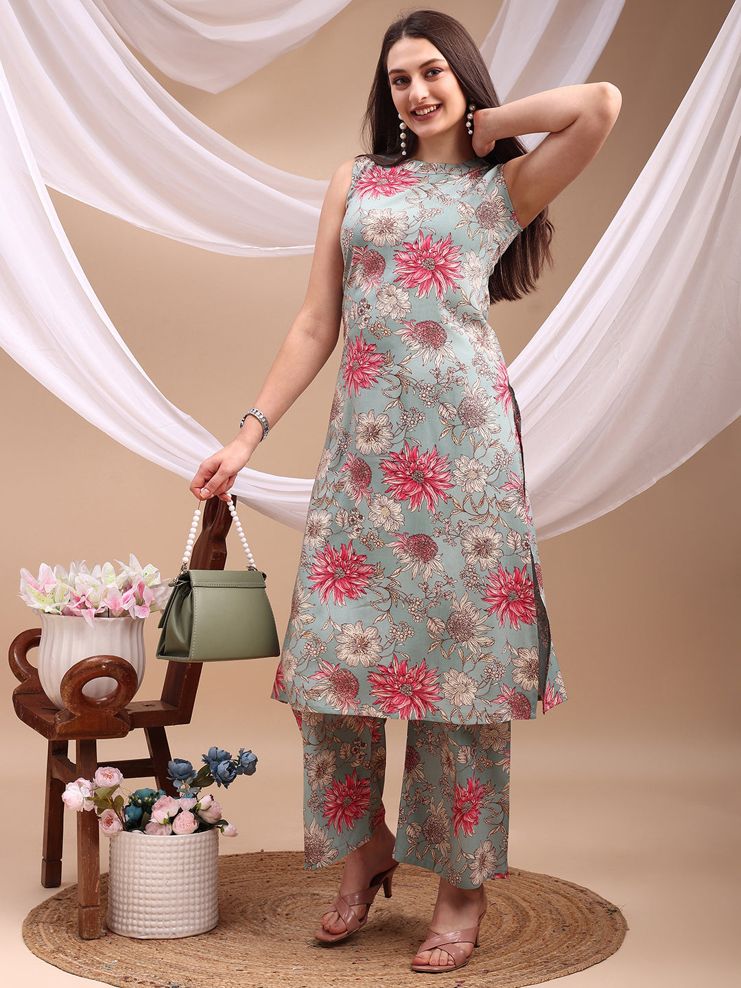 Floral Printed Kurta With Palazzo Pant, Turquoise - Hiral Fashion - Distacart