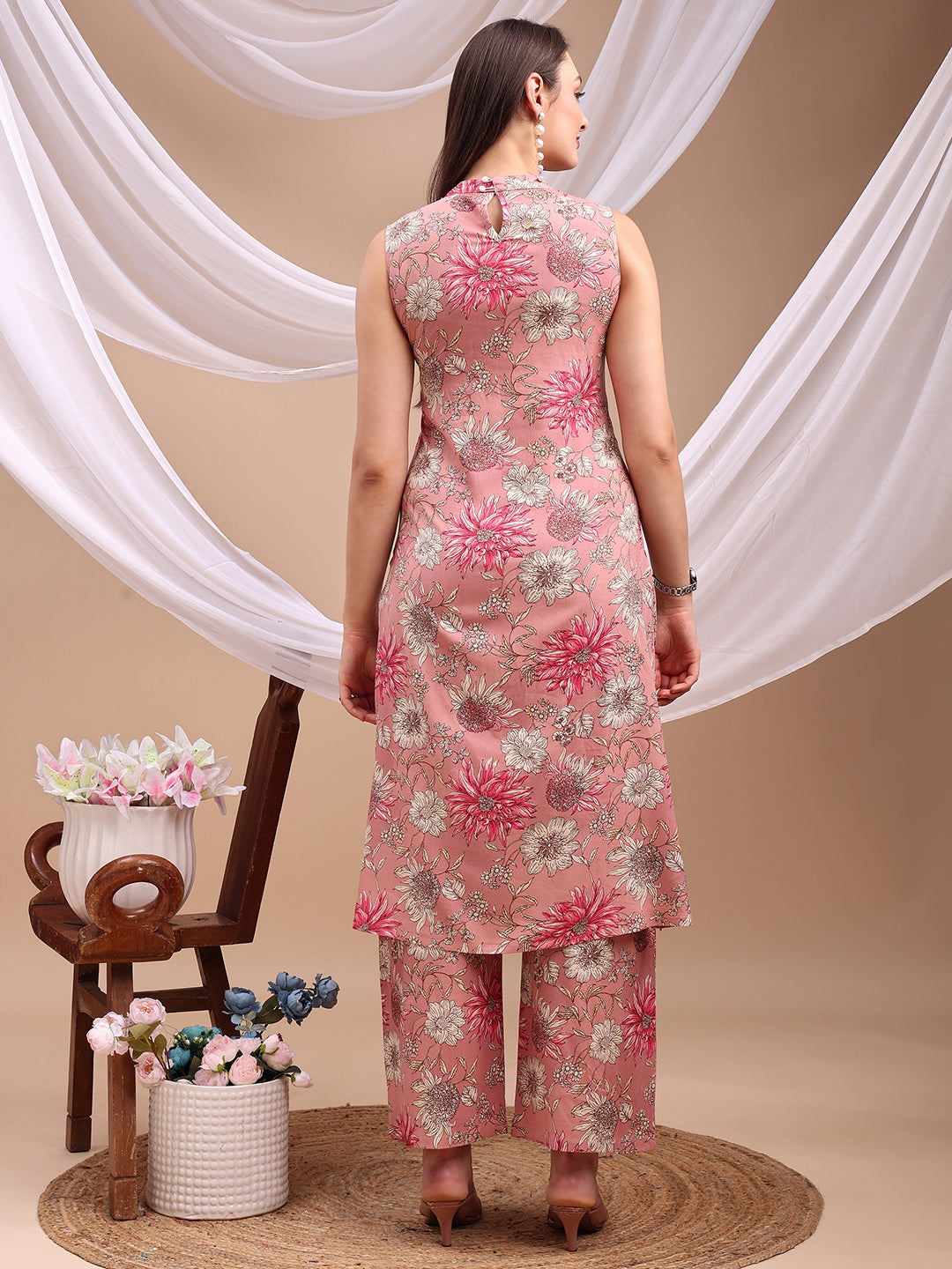 Floral Printed Kurta With Palazzo Pant, Pink - Hiral Fashion