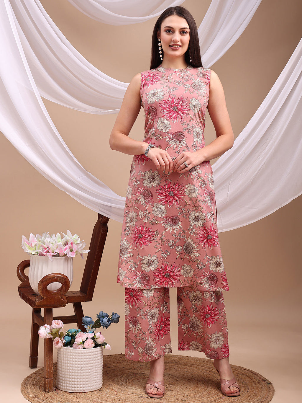 Floral Printed Kurta With Palazzo Pant, Pink - Hiral Fashion