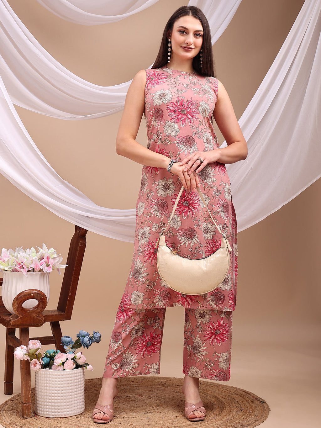 Floral Printed Kurta With Palazzo Pant, Pink - Hiral Fashion