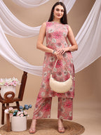 Floral Printed Kurta With Palazzo Pant, Pink - Hiral Fashion