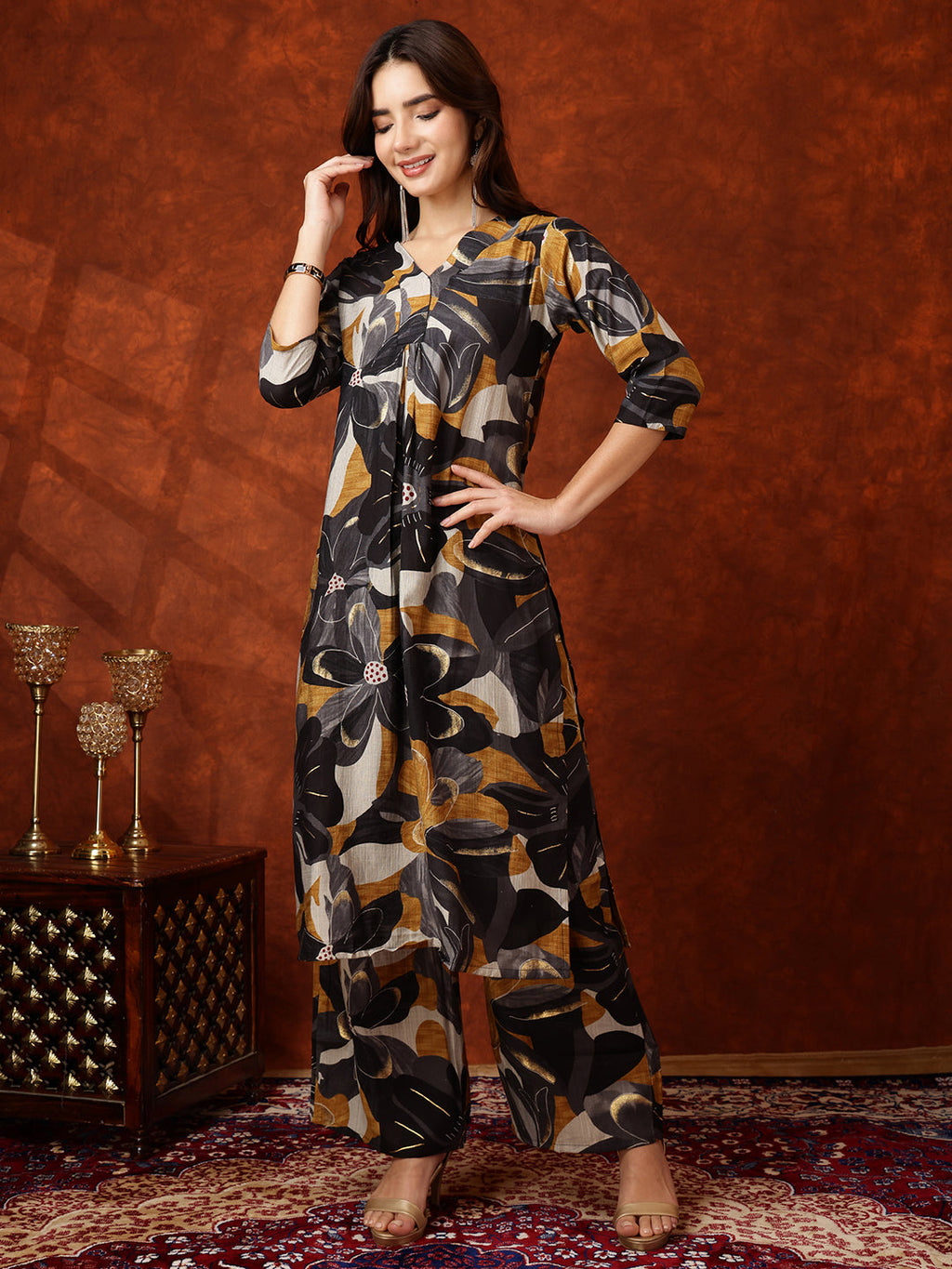 Floral Printed Kurta With Palazzo Pant, Black - Hiral Fashion