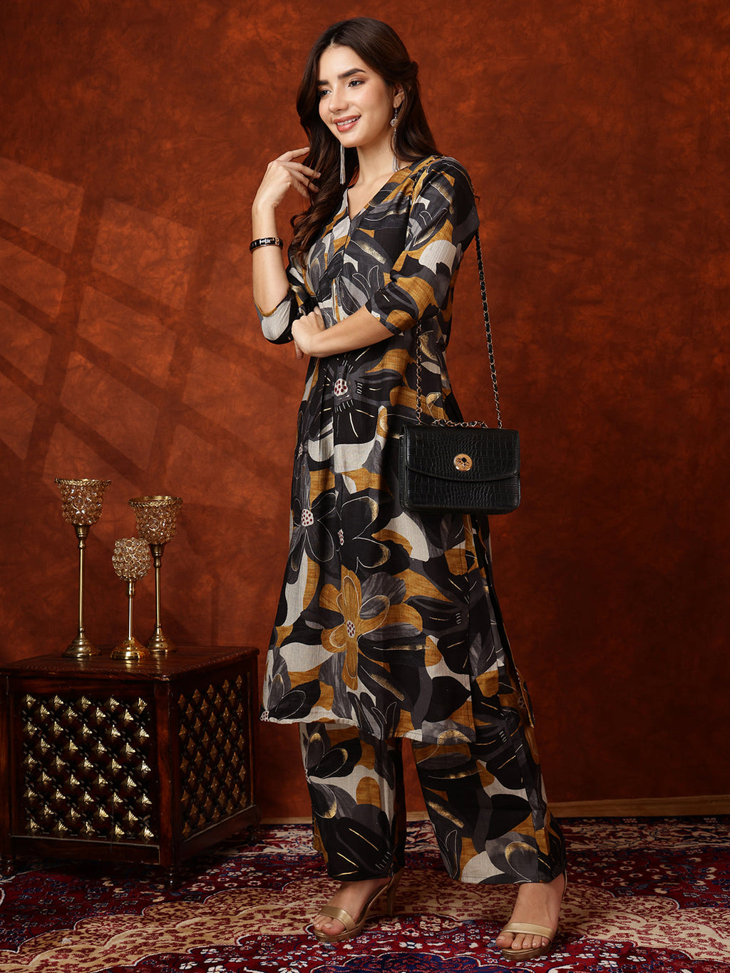 Floral Printed Kurta With Palazzo Pant, Black - Hiral Fashion