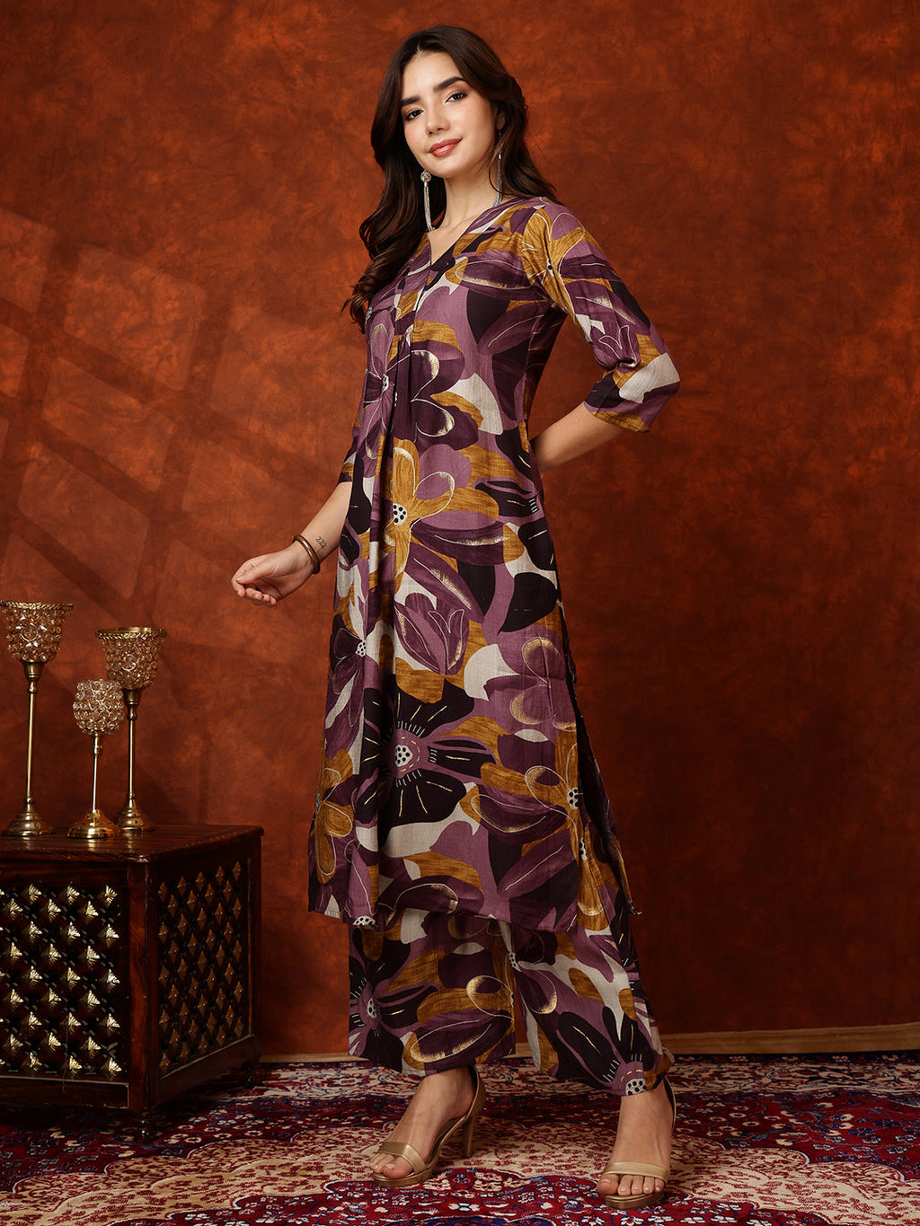 Floral Printed Kurta With Palazzo Pant, Purple - Hiral Fashion - Distacart