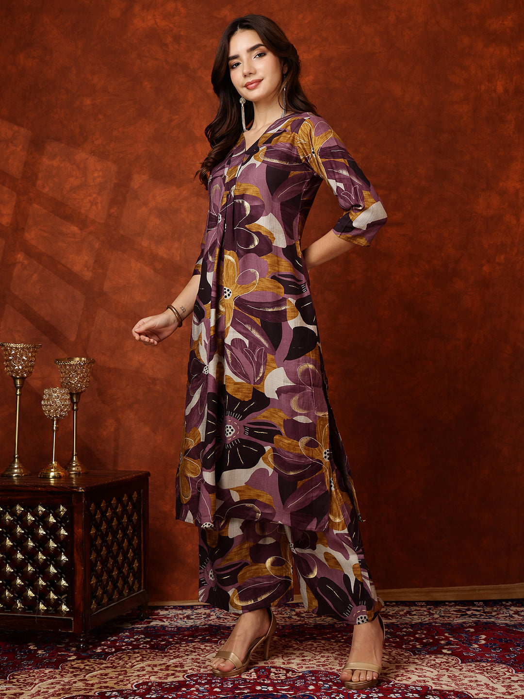 Floral Printed Kurta With Palazzo Pant, Purple - Hiral Fashion - Distacart