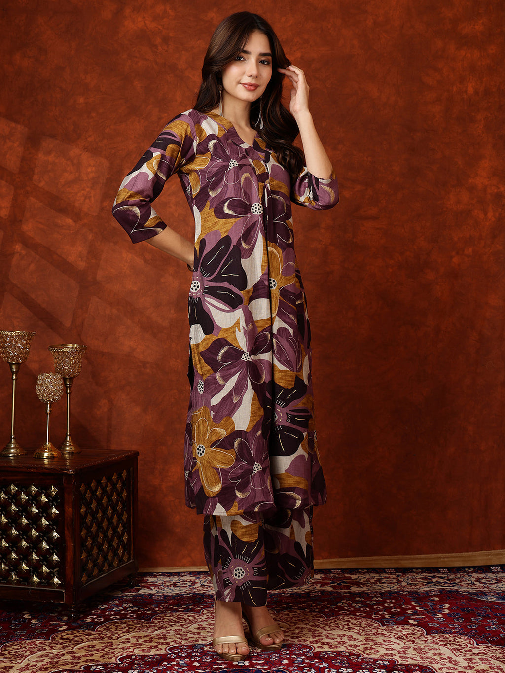 Floral Printed Kurta With Palazzo Pant, Purple - Hiral Fashion - Distacart