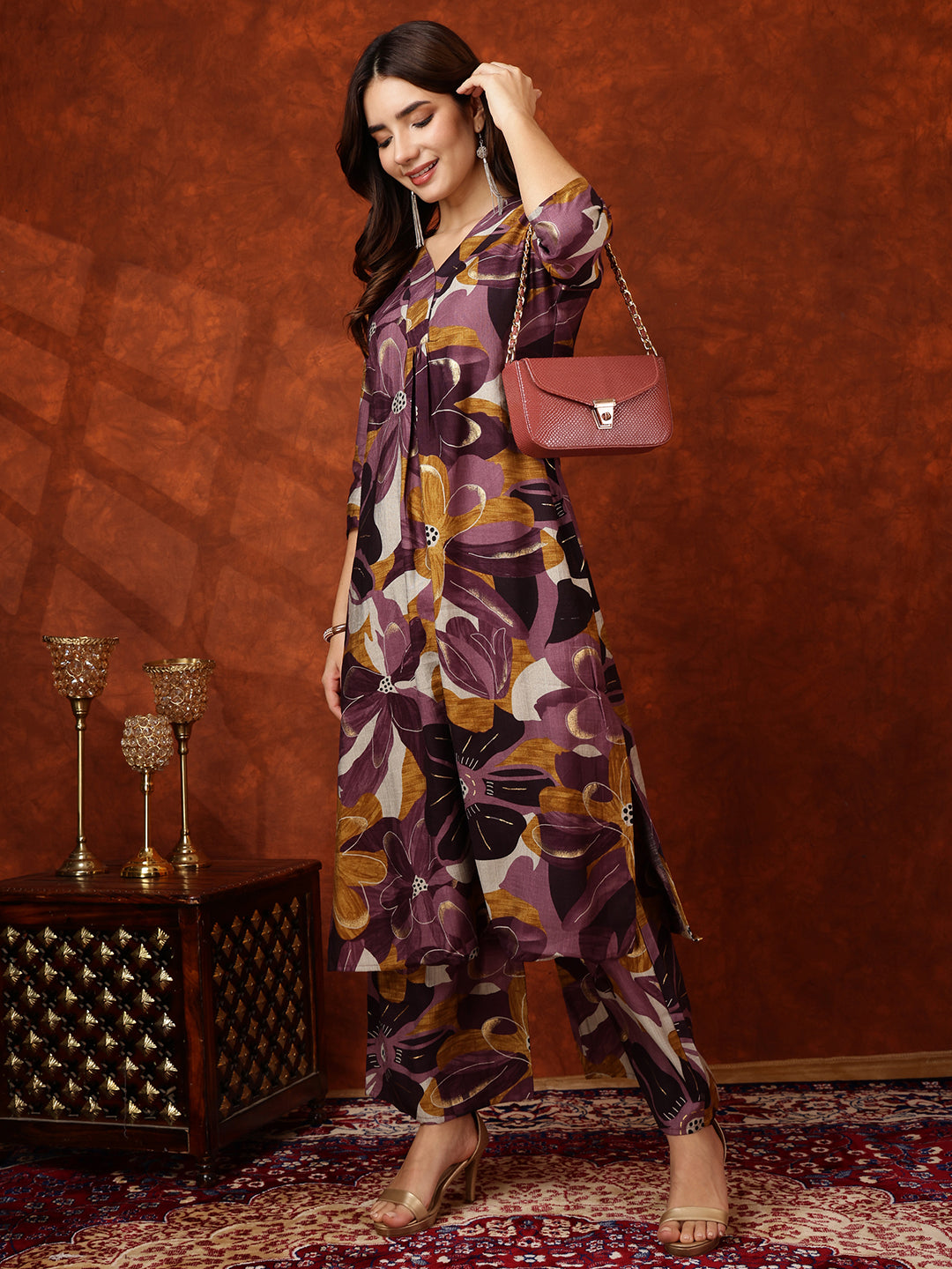 Floral Printed Kurta With Palazzo Pant, Purple - Hiral Fashion - Distacart