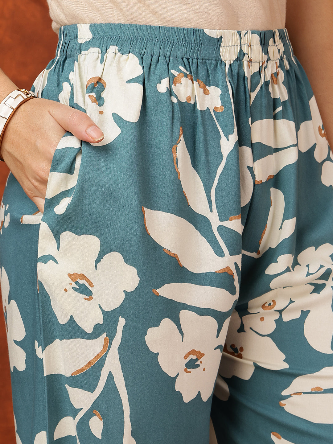 Botanical Printed Kurta With Palazzo Pant, Turquoise - Hiral Fashion - Distacart
