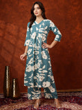 Botanical Printed Kurta With Palazzo Pant, Turquoise - Hiral Fashion - Distacart