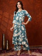 Botanical Printed Kurta With Palazzo Pant, Turquoise - Hiral Fashion - Distacart