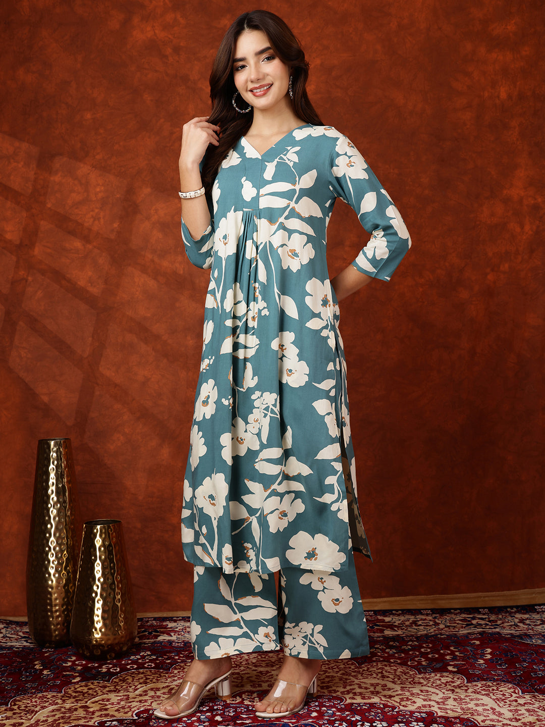 Botanical Printed Kurta With Palazzo Pant, Turquoise - Hiral Fashion - Distacart