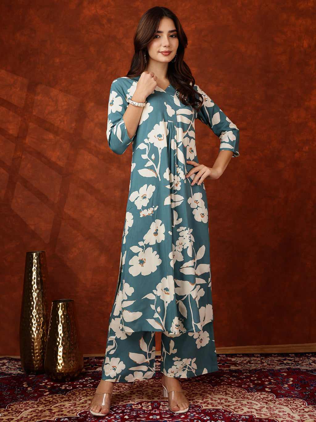 Botanical Printed Kurta With Palazzo Pant, Turquoise - Hiral Fashion - Distacart